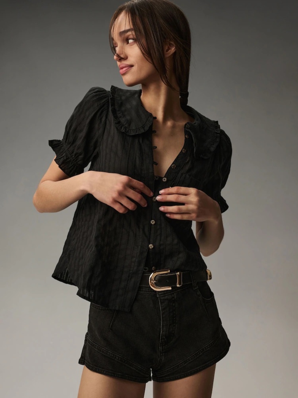 Pilcro Black Short-Sleeve Button-Front Blouse with Peter Pan Collar